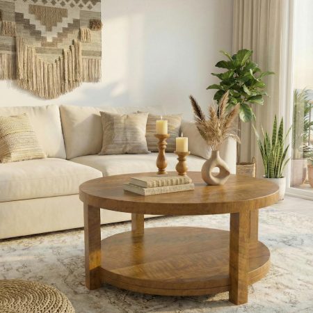 Brittany Round Coffee Table editBoho Living Room Lower Angle - No Throw