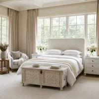 Noto Queen Bed Shell SR-12963-Indian-Carved-Timber-Storage-Trunk-White-Washed IMG1