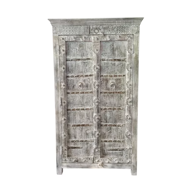 SR-0024 Indian Carved Timber Cabinet Rustic Washed White IMG1
