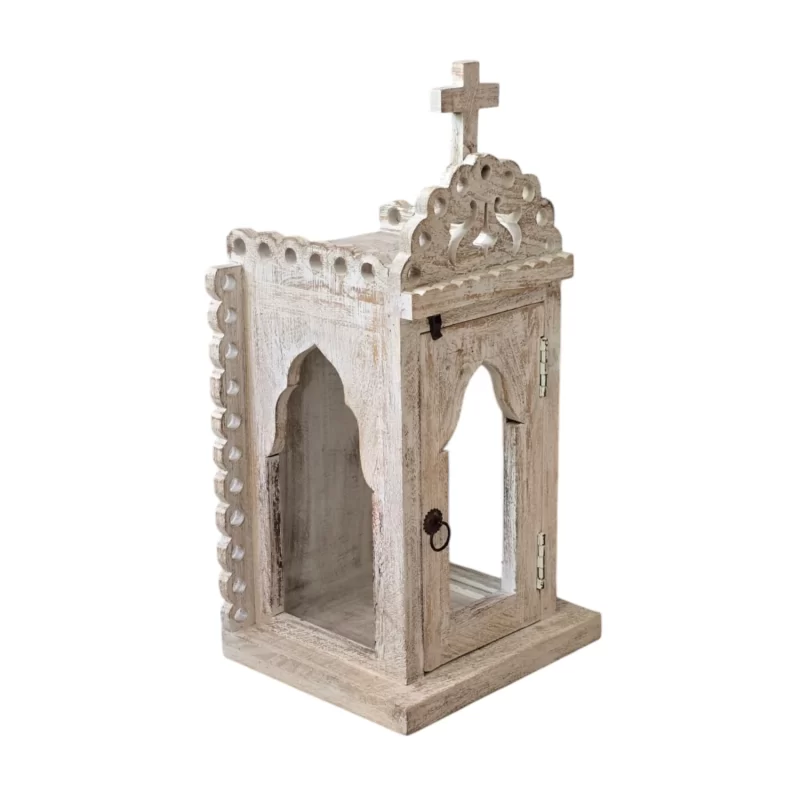 SR-0040 Temple Lantern Indian Carved White Washed IMG3