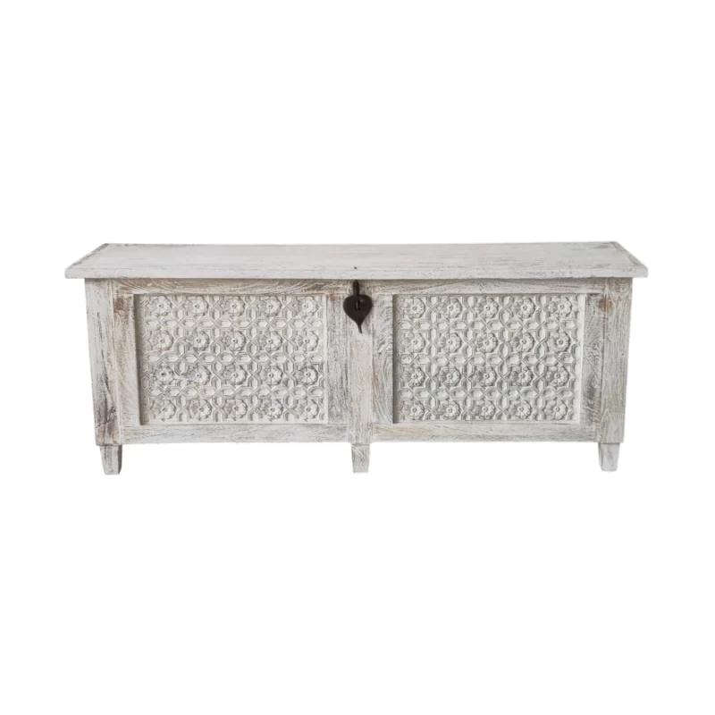 SR-12963 Indian Carved Timber Storage Trunk White Washed IMG1