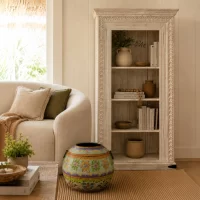 SR-13740 Carved Indian Timber White Wash Book Shelf IMG5