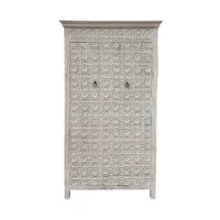 SR-13878.TALL Indian ROSETTA CARVED TALL CABINET WHITE WASH IMG1