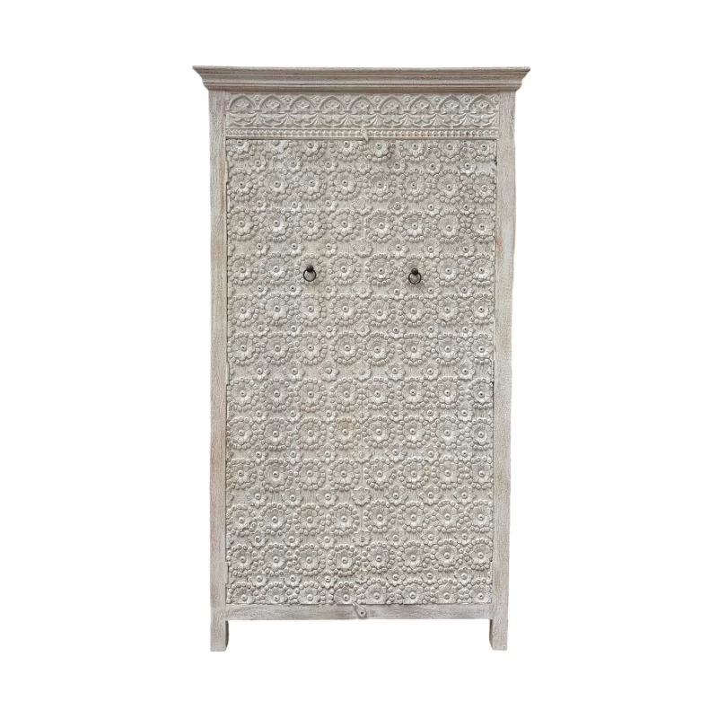 SR-13878.TALL Indian ROSETTA CARVED TALL CABINET WHITE WASH IMG1