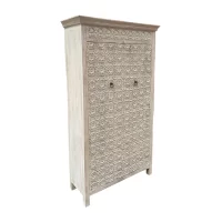 SR-13878.TALL Indian ROSETTA CARVED TALL CABINET WHITE WASH IMG2