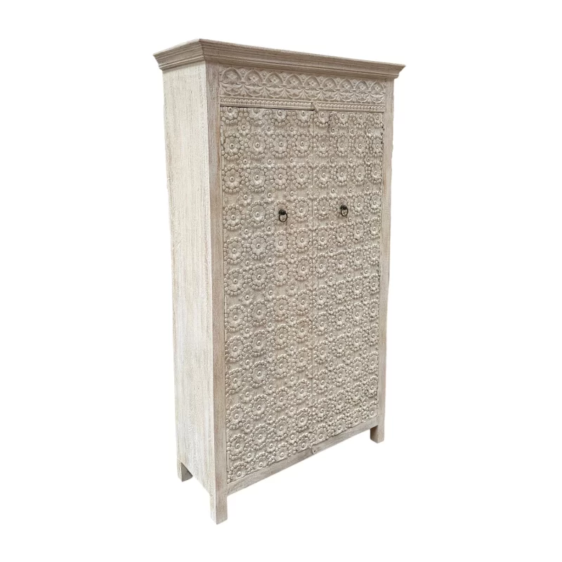 SR-13878.TALL Indian ROSETTA CARVED TALL CABINET WHITE WASH IMG2